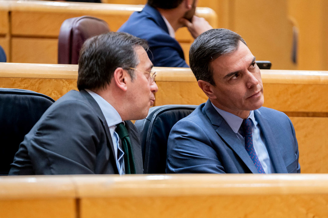 El ministro de Asuntos Exteriores, José Manuel Albares, y el presidente del Gobierno, Pedro Sánchez, en el Senado.