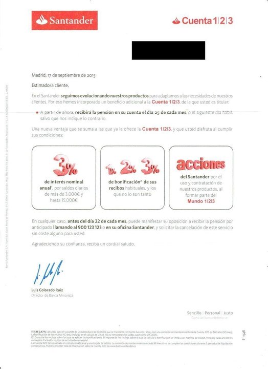 Carta enviada por el Banco Santander a los clientes con pensión domiciliada.