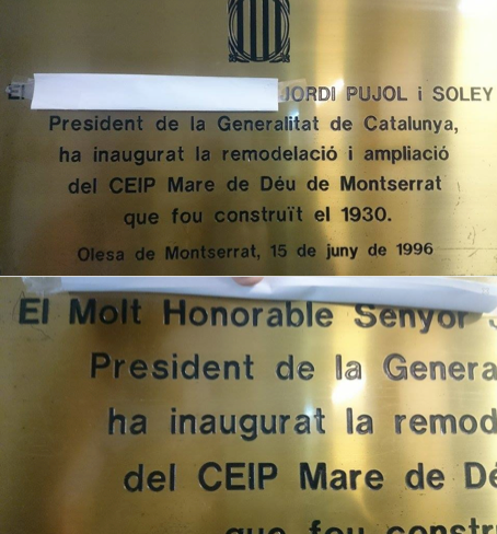 Placa del Colegio Público Mare de Déu de Montserrat (Foto: Dolça Catalunya).