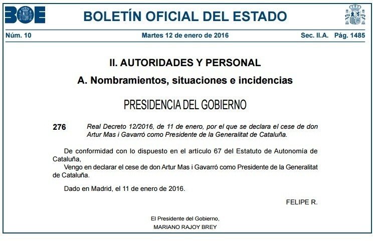 Decreto del BOE en el que se anuncia el cese de Artur Mas.