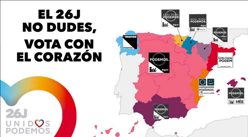 Mapa con los logos de Unidos Podemos para el 26-J.