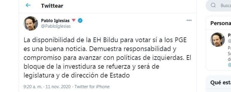 Tweet de Pablo Iglesias sobre el apoyo de EH Bildu