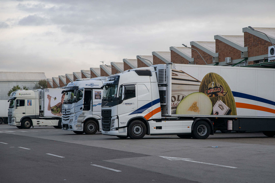 Varios camiones estacionados en las inmediaciones de Mercabarna, el día que ha comenzado la huelga de transportistas, a 14 de noviembre de 2022, en Barcelona, Catalunya (España).