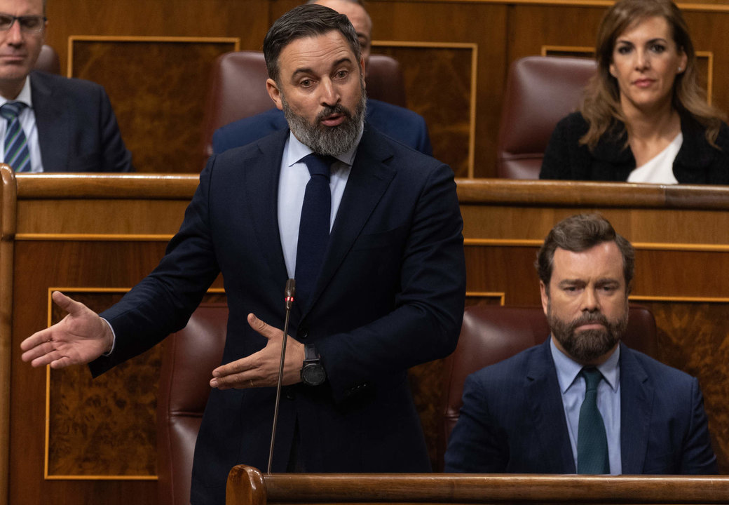 El líder de Vox, Santiago Abascal, interviene durante una sesión plenaria en el Congreso de los Diputados.