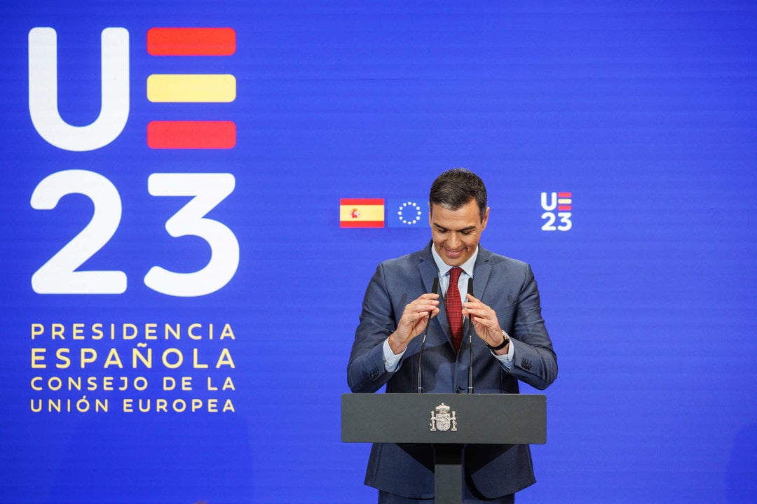 El presidente del Gobierno, Pedro Sánchez, presenta las prioridades de la Presidencia española del Consejo de la UE, en el Palacio de la Moncloa, a 15 de junio de 2023, en Madrid.