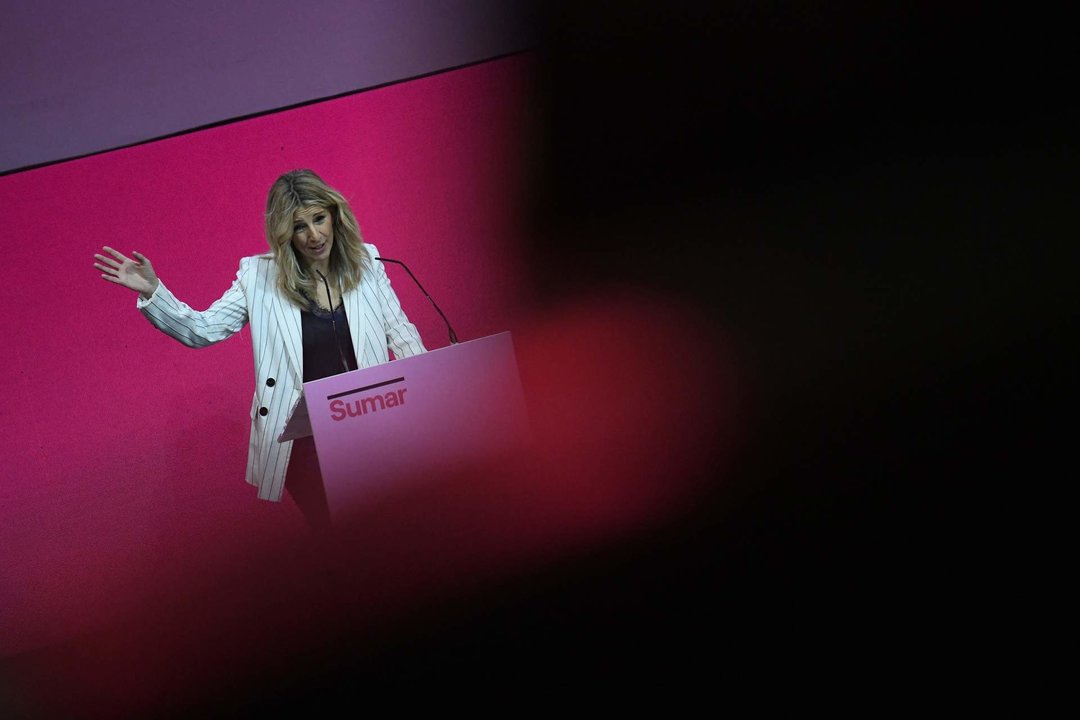 La líder de Sumar y vicepresidenta Segunda y Ministra de Trabajo y Economía Social, Yolanda Díaz, interviene durante un acto de Sumar, en el Teatro Goya, a 14 de enero de 2024, en Madrid (España).