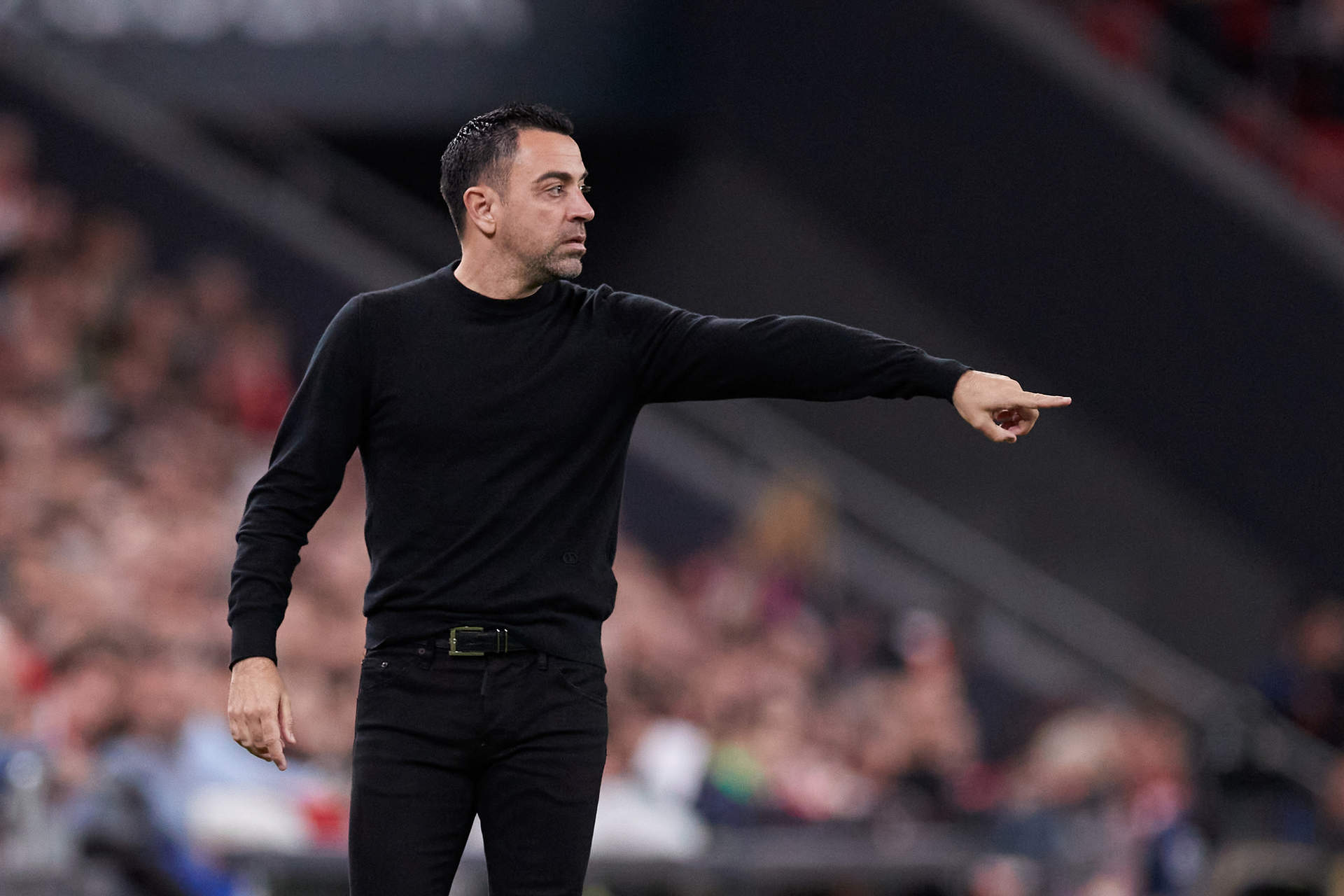 Xavi Hernandez head coach of FC Barcelona reacts during the LaLiga Santander match between Athletic Club and FC Barcelona at San Mames  on March 12, 2023, in Bilbao, Spain.