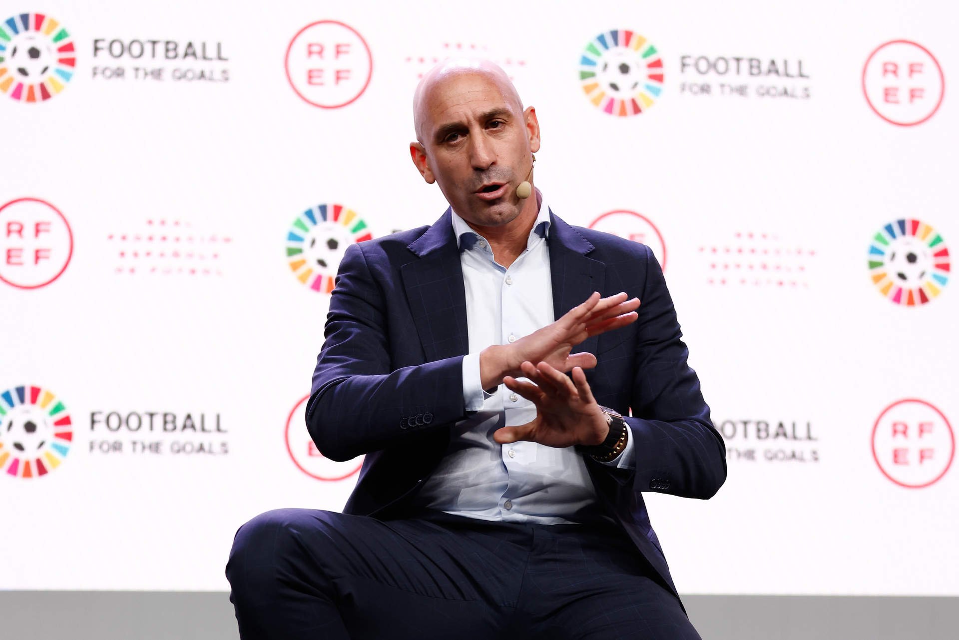 Luis Rubiales, President of Spanish Football Federation RFEF, attends during the presentation of the alliance with the UN of the commitment to human rights and sustainability by joining the #FootballForTheGoals initiative at Ciudad del Futbol on november 15, 2022, in Las Rozas, Madrid, Spain.