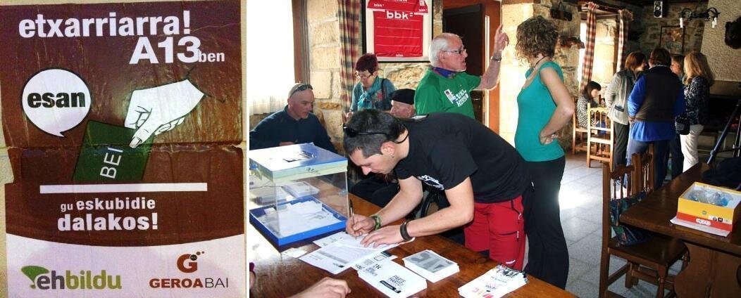 Cartel de la consulta de Etxarri, y una de las pruebas que se han hecho en el pueblo navarro.