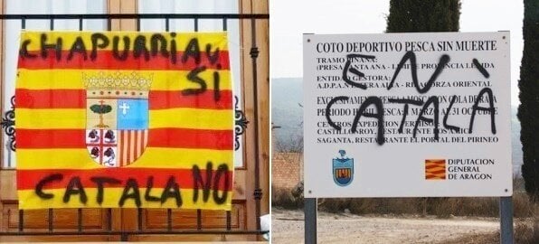 Pancarta en contra y a favor del catal&aacute;n en el este de Arag&oacute;n.