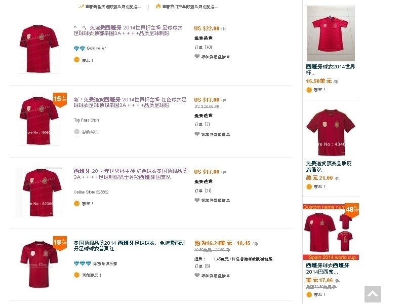 Web china de venta de camisetas de España falsificadas.