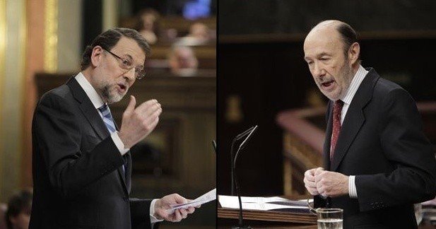 Mariano Rajoy y Alfredo Pérez Rubalcaba durante el debate.
