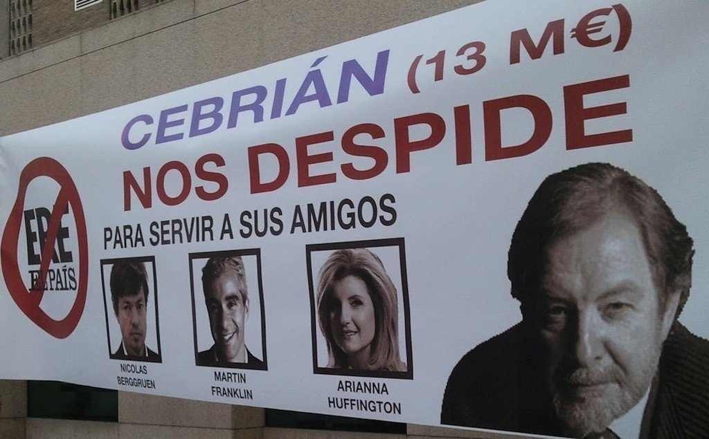 Pancarta contra el ERE de Prisa.
