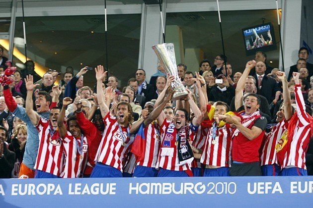 Celebración del Atlético de Madrid en Hamburgo tras ganar la Europa League en 2010.