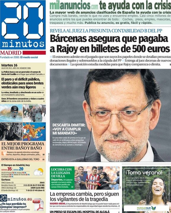 Portada de 20 Minutos.