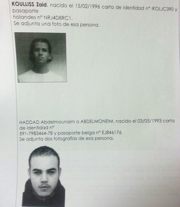 Documento enviado por Francias a las fuerzas de seguridad españolas con los datos de los dos sospechosos.