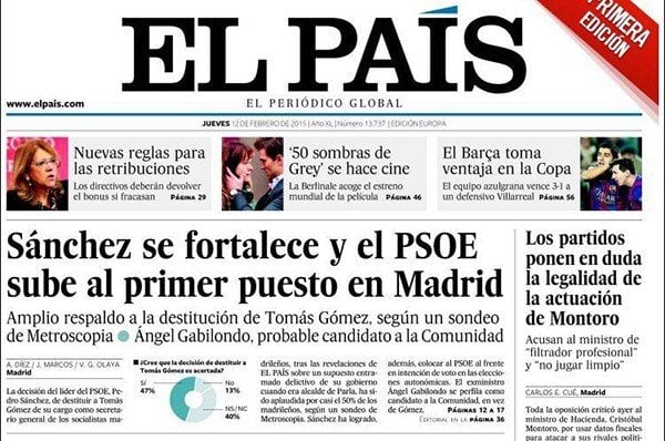 Portada de El País el día después de la destitución de Tomás Gómez.