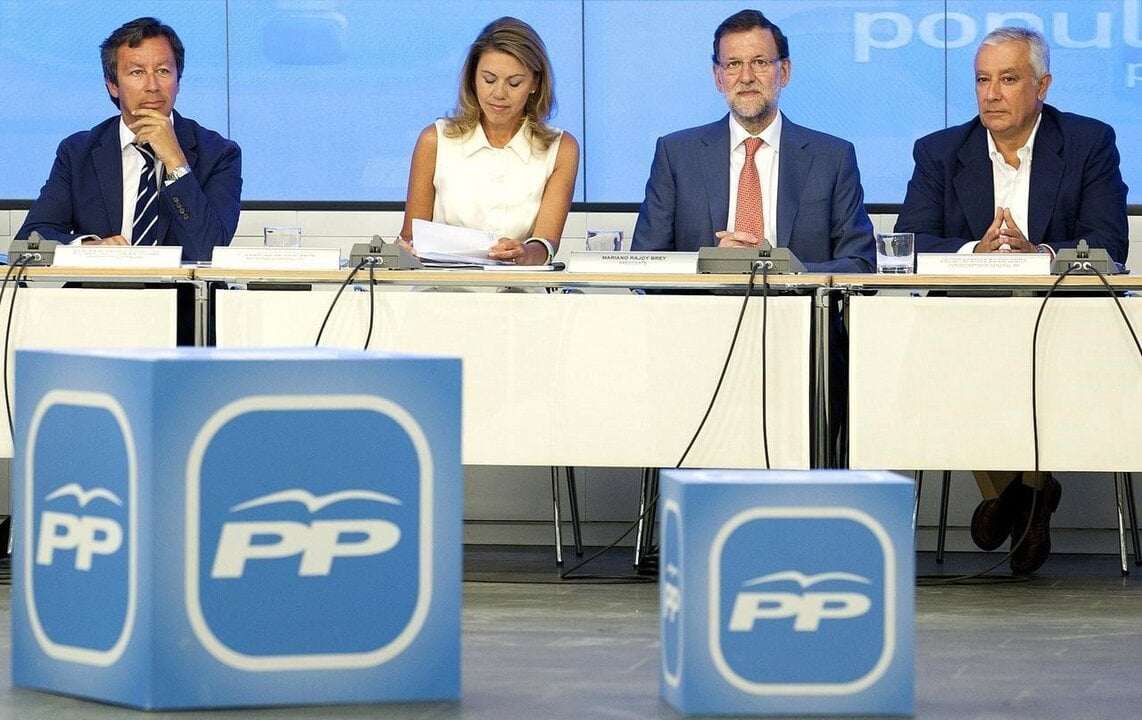 Carlos Floriano, Mar&iacute;a Dolores de Cospedal, Mariano Rajoy y Javier Arenas, en el Comit&eacute; Ejecutivo Nacional del PP.