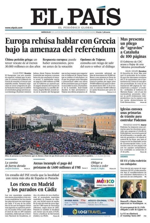 Portada de El País del 1 de julio.