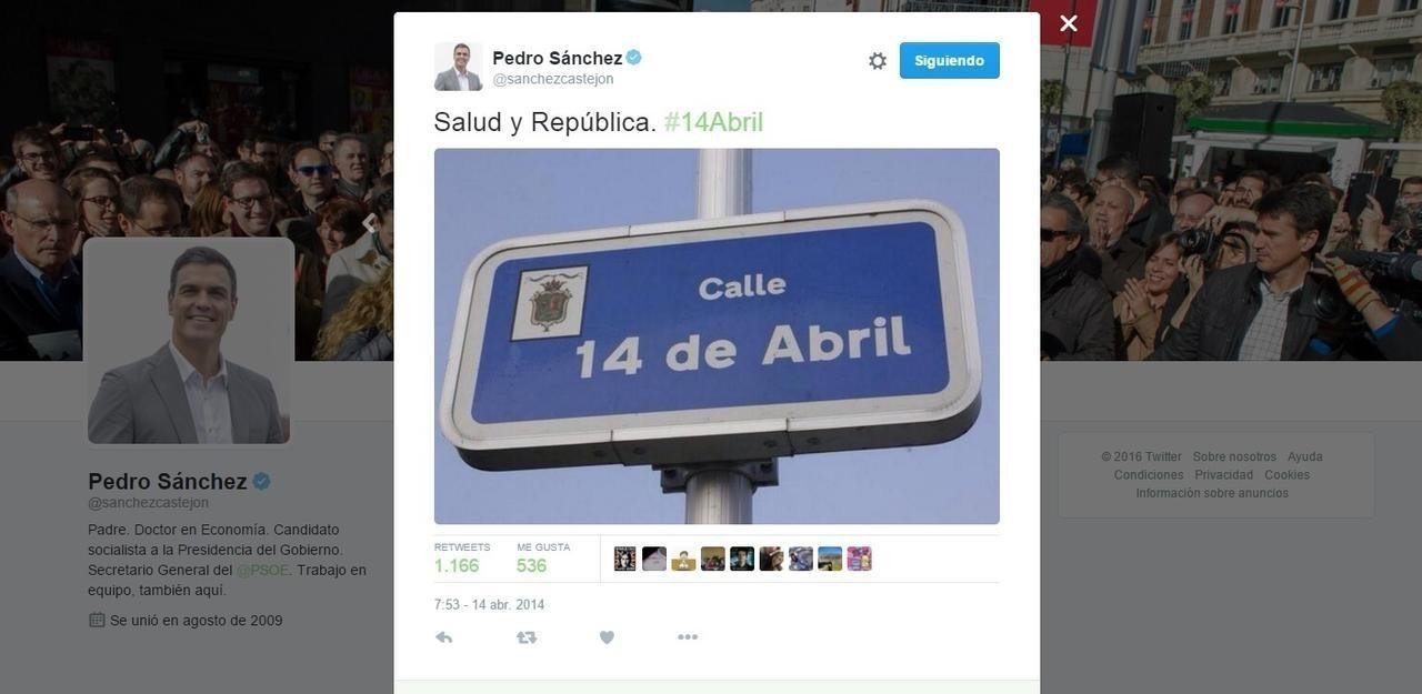 Tuit de Pedro Sánchez el 14 de abril de 2014.