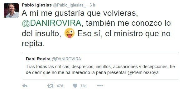 Tuit de Pablo Iglesias en apoyo a Dani Rovira.