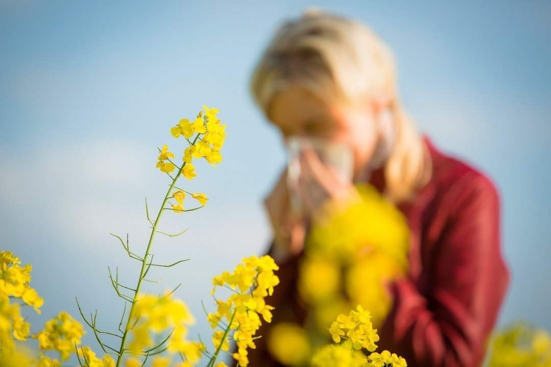 Una mujer alérgica cerca del polen.
