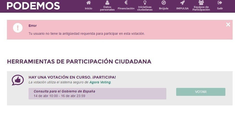 Pantalla de votación que se muestra a aquellos usuarios registrados en Podemos más allá del 2 de abril.