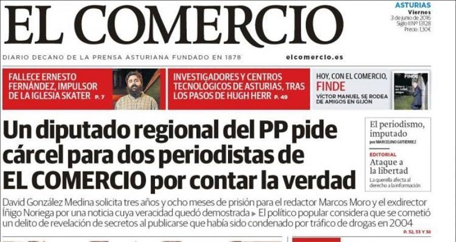 Portada del diario El Comercio con la noticia de la querella del diputado asturiano del PP.