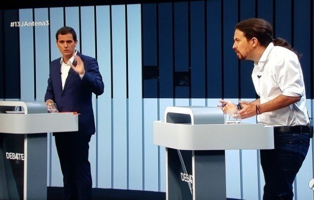 Albert Rivera y Pablo Iglesias, durante el debate a cuatro.