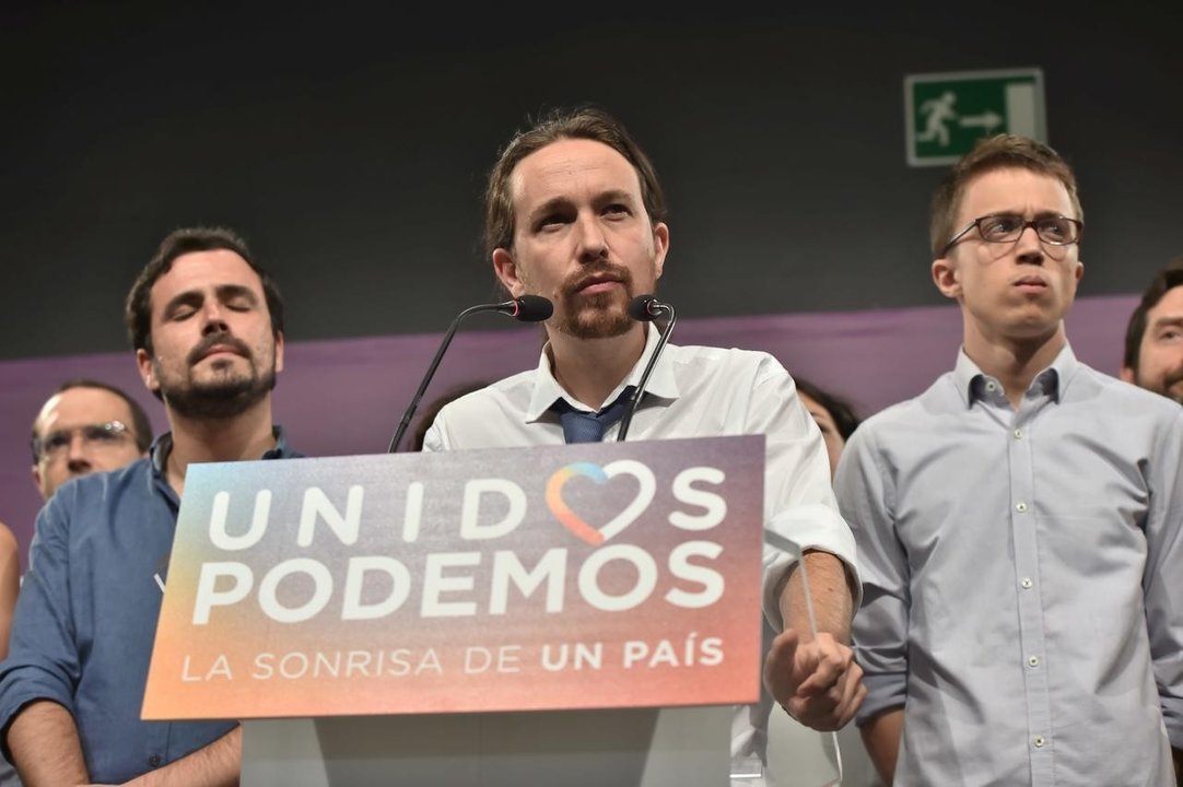 Alberto Garzón, Pablo Iglesias e Íñigo Errejón. Foto: Álvaro García Fuentes