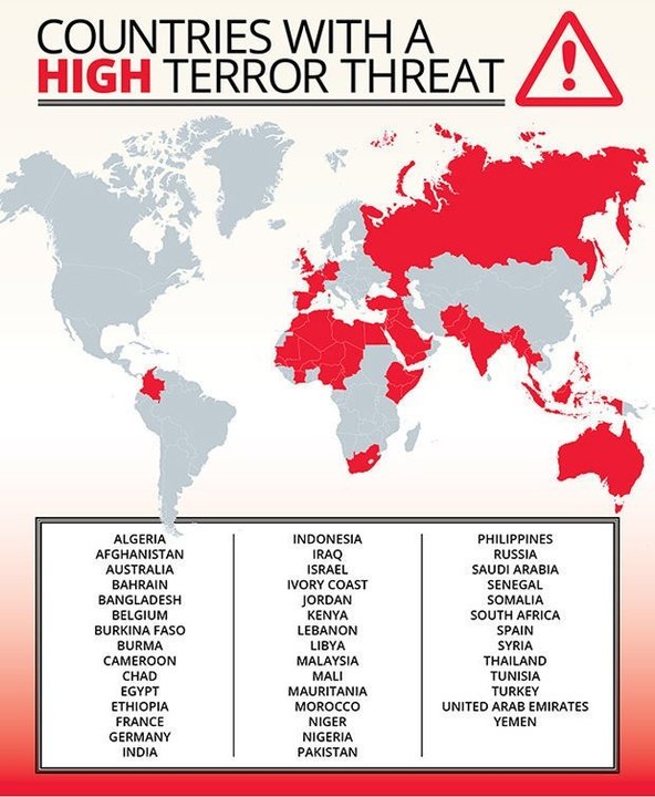 Mapa de los países con elevado riesgo de atentado.