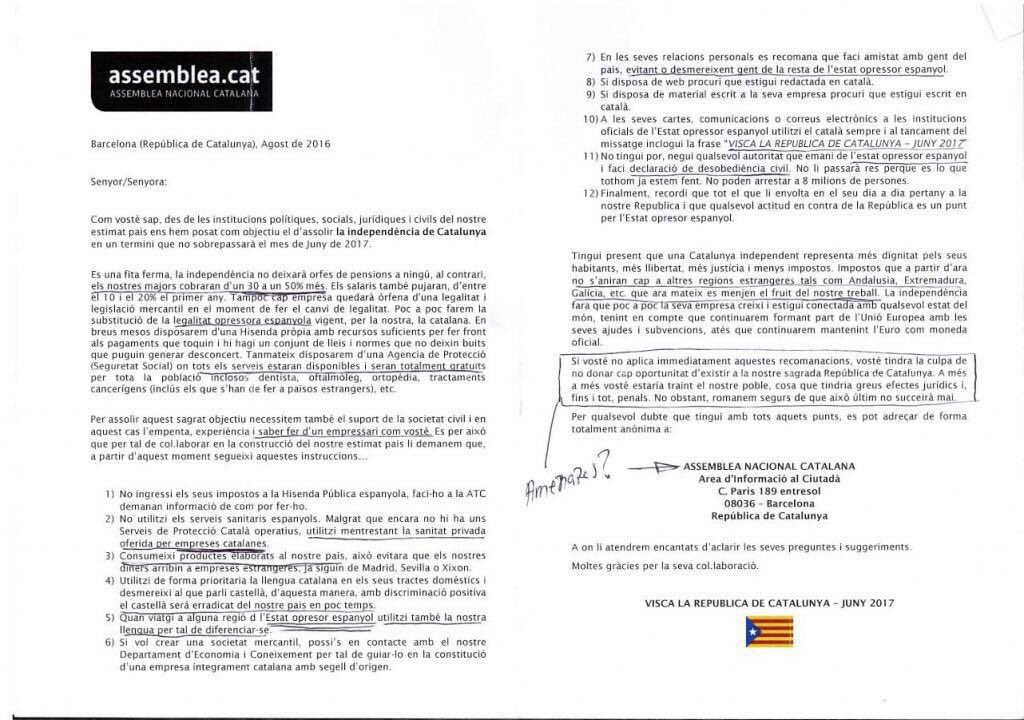 La falsa carta de la ANC que circula entre empresarios catalanes.