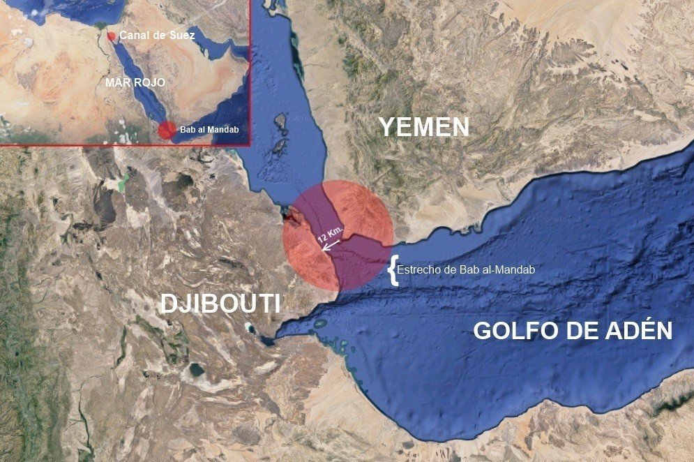 Mapa de la zona donde se registró el lanzamiento de misiles por parte de fuerzas hutíes.