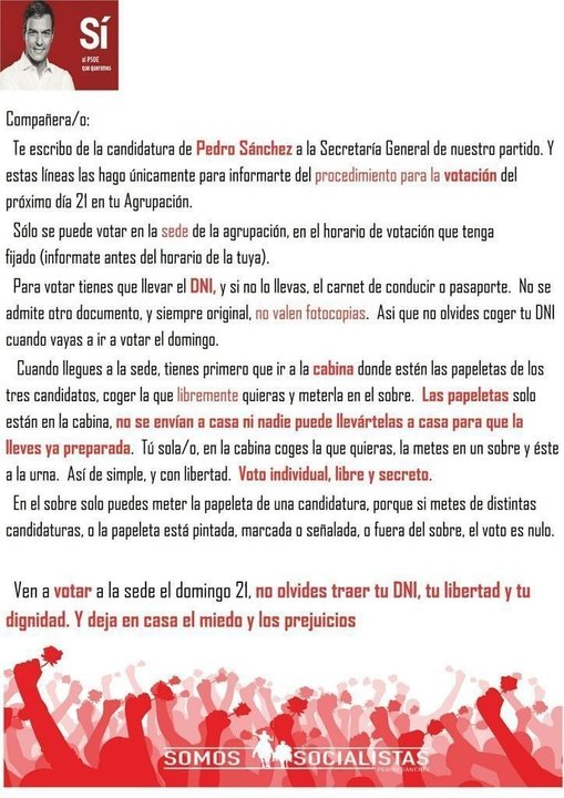Carta de Pedro Sánchez con las indicaciones para las primarias.