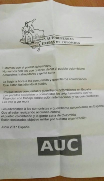 Carta de los paramilitares de las AUC recibida por Nelson Javier Restrepo.