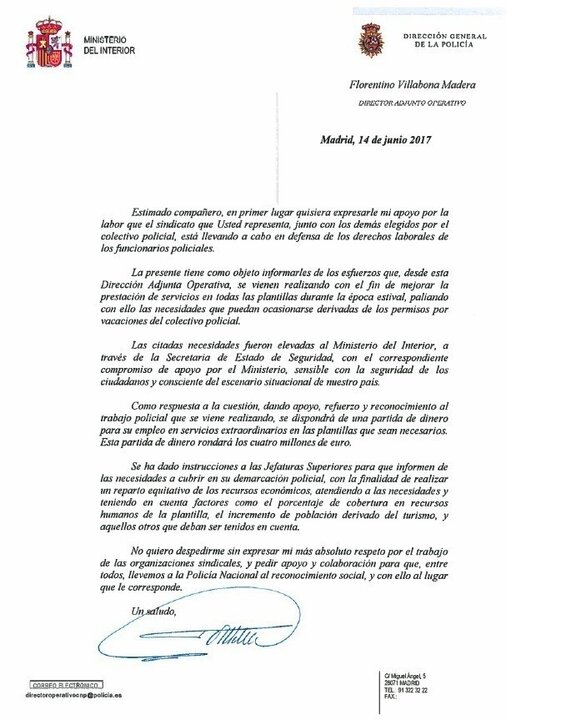 Carta del Director Adjunto Operativo de la Polic&iacute;a Nacional sobre el despliegue de verano.