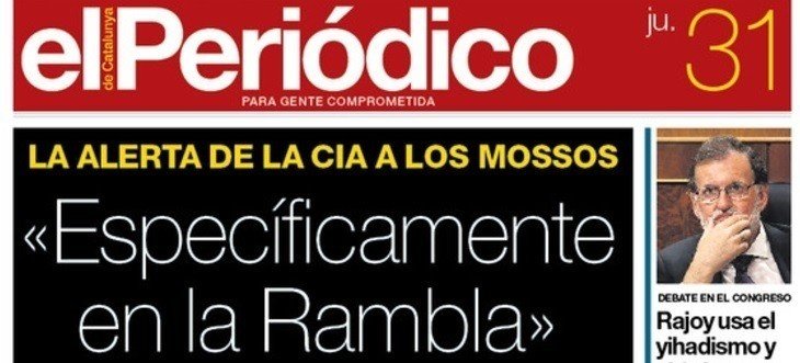 Portada de El Periódico de Catalunya con el aviso de la CIA a los Mossos.