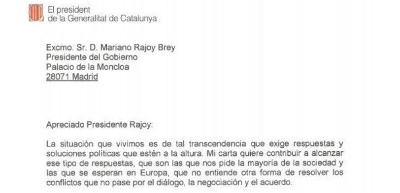Carta de respuesta de Carles Puigdemont al requerimiento de Mariano Rajoy.
