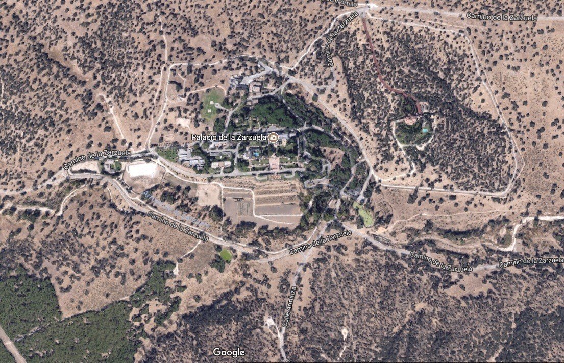 Vista aérea del Palacio de la Zarzuela, en el Monte de El Pardo (Google).