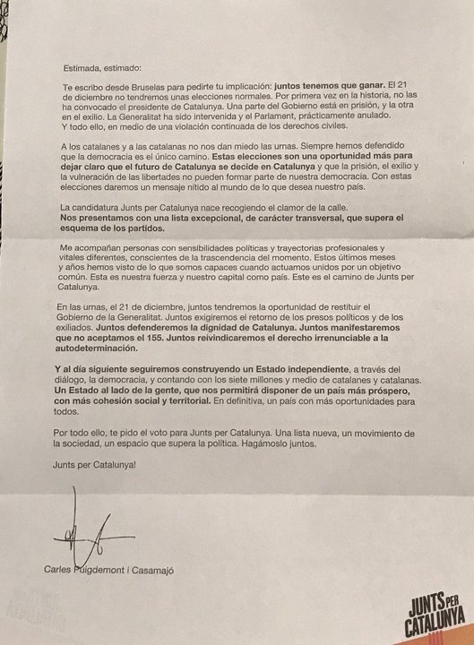 Carta de Carles Puigdemont enviada por Junts per Catalunya como propaganda electoral.