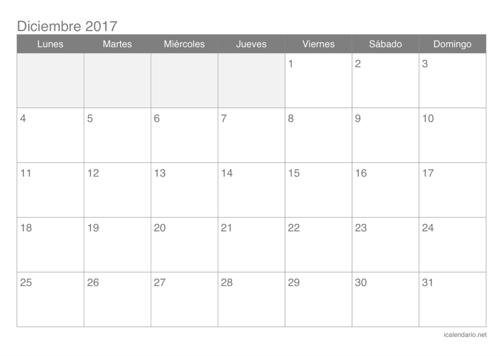 Así queda el calendario de diciembre de 2017.
