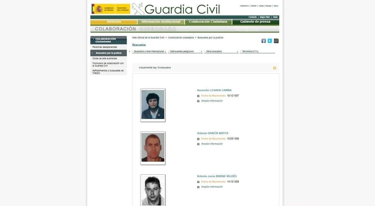 Lista de personas más buscadas por la Guardia Civil.