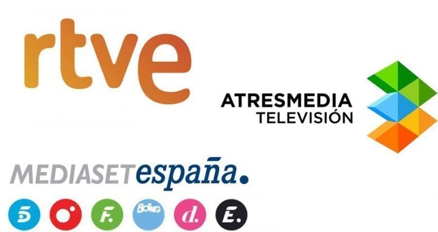 Logos RTVE, Atresmedia y Mediaset. 