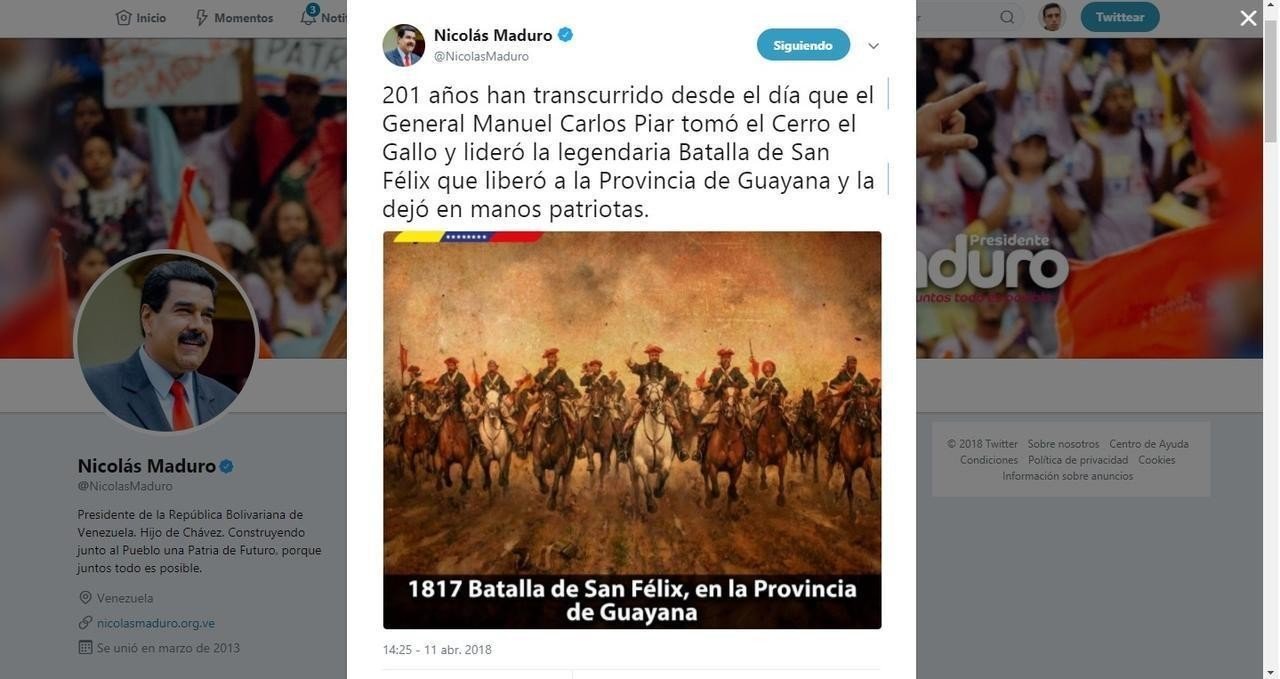 Tuit de Nicolás Maduro con el error en el cuadro.