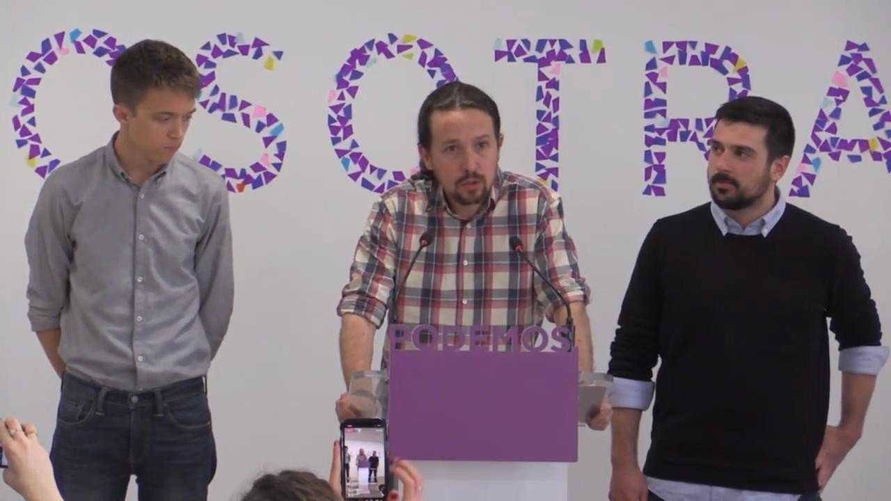 Errejón, Iglesias y Espinar anuncian el pacto para la candidatura a la Comunidad de Madrid.