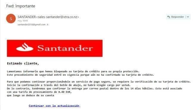 Correo que suplanta al Banco Santander.