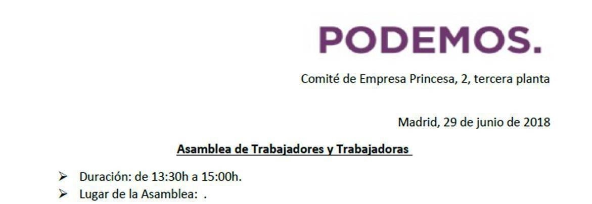 Documento del comité de empresa de Podemos.