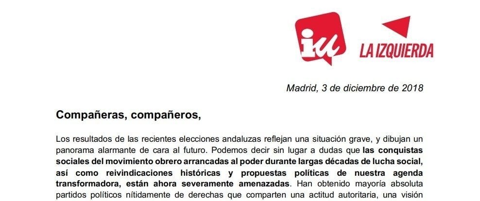 Carta de Alberto Garzón a los militantes de IU tras las elecciones andaluzas.