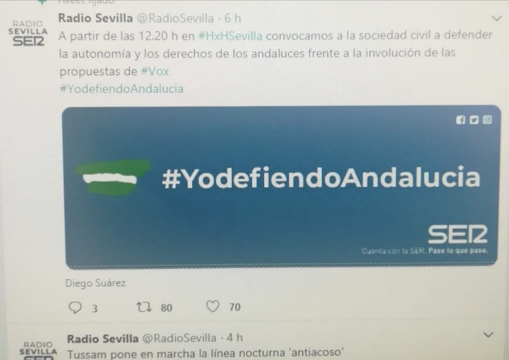Tuit de Radio Sevilla posteriormente eliminado.