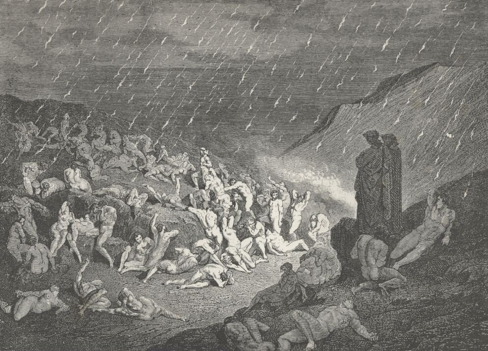 Divina Comedia. Canto XIV del Infierno: Violentos contra Dios, contra la naturaleza y contra el arte (Grabado de Gustave Doré).